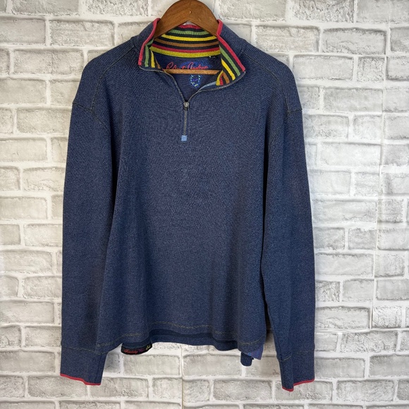 Robert Graham Dark Navy Quarter Zip Designer Pullover Sweater Mens LARGE Cotton - Picture 1 of 9